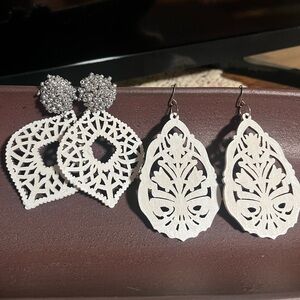 Elegant White Lace Hand-Painted Weightless Wooden Earrings Set
